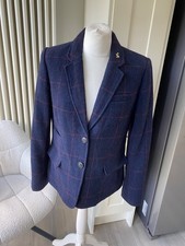 JOULES WISCOMBE BLAZER JACKET NAVY BLUE CHECK SIZE 10 12 TWEED 100% WOOL & BADGE