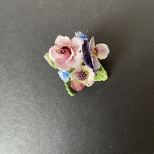 Vintage 'Crown' Bone China Anemone Pink Rose Blue 'Forget Me Not' Flowers Brooch