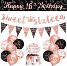 16th Birthday Decorations Set Rose Gold Black Sweet Sixteen Banner Balloons Kit