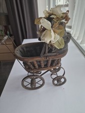 Vtg Wicker Rattan Wood Baby Doll Pram Carriage Buggy Antique 15"h in fair con