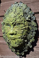 Oak Acorn green man wall plaque STONE garden ornament pagan 23cm/9"H +FREE GIFT!