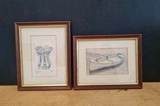 VINTAGE PENCIL DRAWING ROWING BOAT AND STEAM CAPSTAN STUDIES SMALL PAIR SIGNED