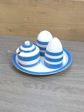 Vintage Cornish Blue T.G. GREEN Original Cornishware CRUET SET with Silver Spoon