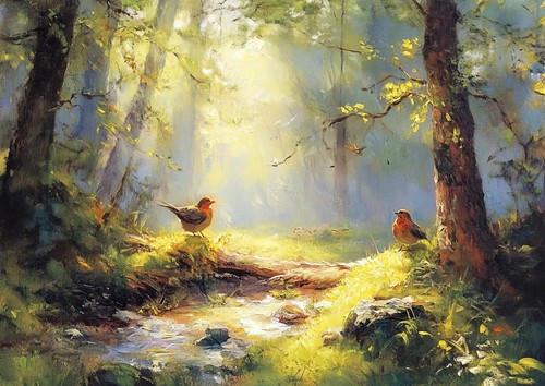 Sunlit forest robins - sunlit,