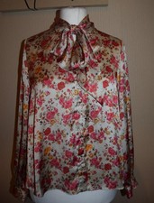 Zara Beige Pink Red Floral Pussy Bow High Neck Silky Satin Blouse Top L 12 MINT