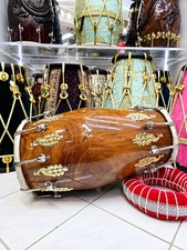 Red Sheesham Dholak, 16 lbs with Gloss Finish, Golden Peacock Accent & Chrome Bo