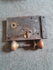Old Antique door rim lock, Key, Brass Handles Backplate & Keeper 17.8cm x 12.6cm