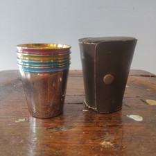 Vintage set of 4 chrome and painted ( possibly enamel) stirrup cups with case