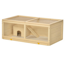 PawHut Wooden Hamster Cage w/ Sliding Tray, Openable Top, Hut, Natural Wood