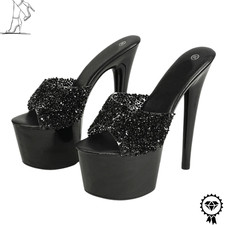 Womens Black Stripper Sequined Platform Slippers Sexy Peep Toe High Heels Shoes