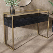 Large Black Glass Top Console Table with Drawers & Gold Legs- Akila AKA005