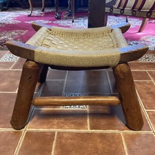Antique Rustic Primitive Wood Log Stool Woven Top Seat 