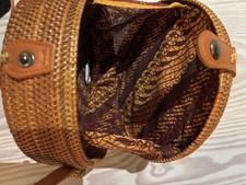 Rattan Round Crossbody Bag Tan Woven Straw Leather Handmade