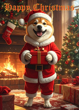 AKITA DOG CHRISTMAS CARD WITH A DOG IN SANTA SUIT LARGE C5 CARD & GOLD ENVELOPE