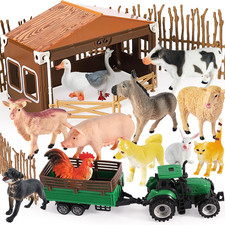 BUYGER Farm Animals Figures Set, Different Size with Tractor Trailer Vehicle Toy