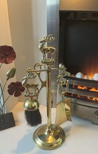 VINTAGE BRASS 4 PIECE FIRESIDE COMPANION SET STAG TO THE TOPS OPEN FIRE HEARTH.