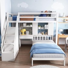 White Loft Bed with Desk Storage Stairs Double High Sleeper Pine 90x190cm