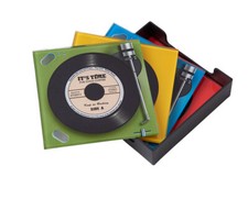 SET OF 4 RECORD COASTER GLASS WITH HOLDER GIFT RETRO RECORD MUSIC COLOUR PRESENT