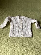 Hand Knitted White DK baby aran pattern cardigan, Will fit 6-9 months old,