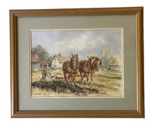 Original Watercolour Heavy Horses Ploughing Signed S.Scott Framed Rural Scene