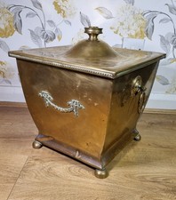 Antique Brass Ornate Square Footed Coal Log Box With Lid & Twin Handle No Liner