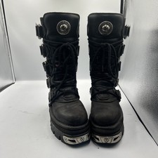 New Rock Reactor Black Leather Chunky Mid Calf Tall Punk Rock Boots Uk 4 Eu 37