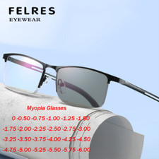 Men Metal Square Photochromic Myopia Nearsighted Glasses Half Frame Sunglasses 
