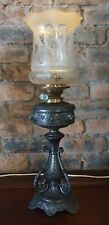 Antique Spelter OIL LAMP Hinks Burner & Base 67cms etched Shade