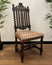 Carved Oak Gothic Hall Chair with crewelwork seat 19C