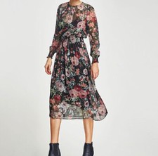 Zara Black Floral Printed Midi Dress M 10/12