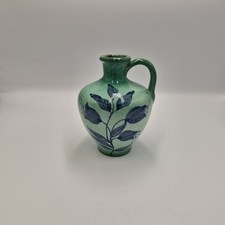 Studio Pottery Hand Painted Blue & Green Flower Jug Vase Rustic 14.5cm