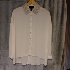 Frank Lyman White Blouse Bejeweled Collar Button Down  - Size 10 Formal Cruise