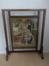 Vintage Wooden Fire Guard Screen Embroidered Tapestry Glass Front Good Condition