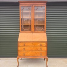 Vintage Tall Writing Bureau Glazed Library Bookcase Fall Front Desk Drawers