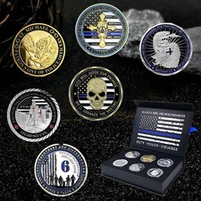 Police LEO Challenge Coin Lot Gift Pack w/ Thin Blue Line Ribbon 6 Coins Present