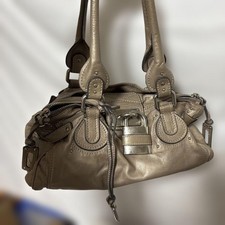 Auth Chloe Paddington Handbag Y2K Beige Brown Shoulder Bag Silver Padlock Key