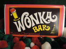 Christmas themed-Willy Wonka chocolate bar wrapper/Golden ticket (chocolate=yes)