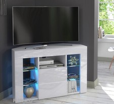Corner TV Stand White High Gloss & Matt Modern Unit Cabinet LED Lights Venico 02