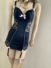 Sexy Black Silky Nylon  & Pale Pink Trim Open Basque Corselette & Suspenders L