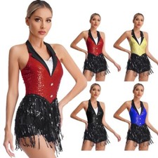 UK Womens Tuxedo Jazz Dance Costume Sequins Tassels Latin Ballroom Leotard Skirt