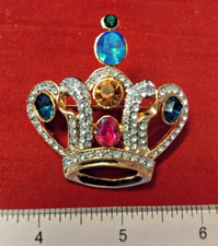 CROWN  Beautiful LARGE Vintage Gold Plated Brooch With Multi - Coloured Crystals