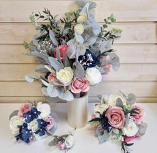 wedding bouquet, navy and dusky pink eucalypus babys breath. Silk bridal posy