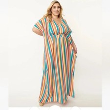Unique Vintage One Size Fits Most Rainbow Striped V-Neck Kaftan Coverup Dress