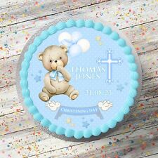 Christening Boy Blue Personalised 7.5" Round Edible Cake Topper