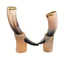 Set of Two Ox Horn Drinking Horn with Stand Viking Style Beer Wine Mead Mug