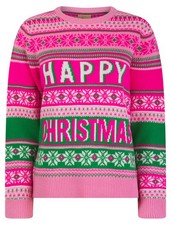 Women's Christmas Jumper Nordic Fair Isle Style Novelty Fun Pink Xmas Sweater