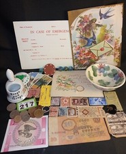 Vintage Curio Job Lot G165 Coins Ephemera Pottery Stamps History Collection
