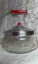 Vintage Mid Century Round Red Handle Lidded Cut Glass Biscuit Barrel Sweet Jar