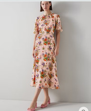 BNWT LK Bennett Size 12 Elowen Pink Poppy Print Midi Dress Silk Midi A Line