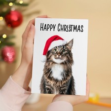 Maine Coon Cat Santa Hat Christmas Card Whimsical Card for Animal Lover Gift